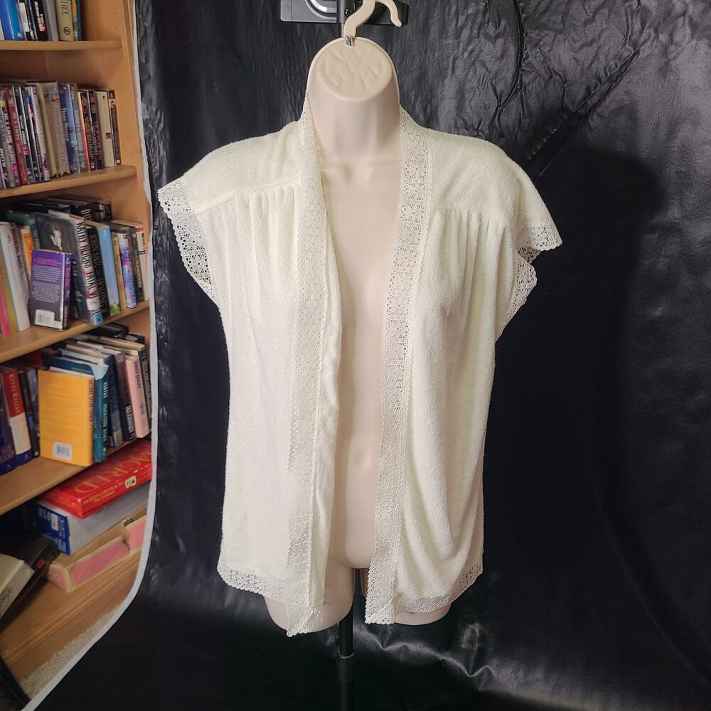 Vintage 70s where abouts terry cloth open front lace hem cardigan size Small